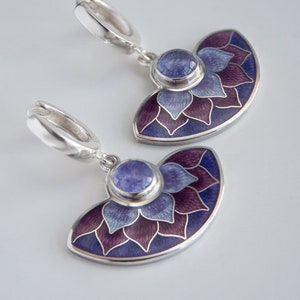 Cloisonne Enamel Earrings With Tanzanite Stone, Sterling Silver Semicircle Earrings, Violet Drop Vintage Style Enamel Jewelry Earrings