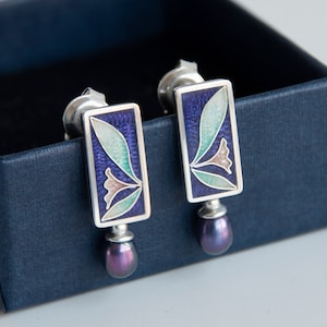 Romantic Purple Enamel Earrings With Pearls Sterling Silver Cloisonne Enamel Rectangle Cute Earrings Floral Earrings With Peacock Pearls