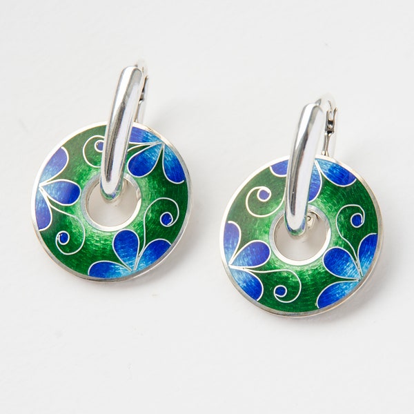Cloisonné Enamel Reversible Summer Earrings.  Enamel Sterling Silver Blue Green Earrings Double Sided Floral Circle Earrings Enamel Jewelry