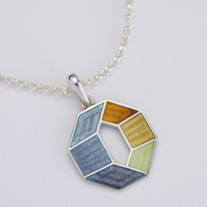 Grey Yellow Octagon Pendant Cloisonne Enamel Sterling Silver Geometric Necklace Enamel Jewelry Gift For Her Pendant With 50cm Neck Chain