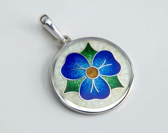 Enamel Earrings And Necklace Forget Me Not Flower, Cloisonne Enamel and Sterling Silver Jewelry with 20inch chain, Blue Earrings And Pendant