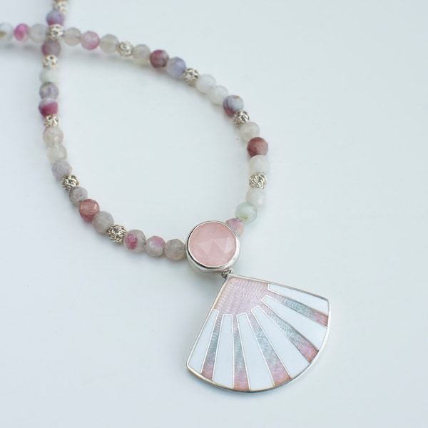 Cloisonne Enamel Pendant With Rose Quartz And Tourmaline Necklace, Shell Pendant, White Pink Striped Pendant With Multicolour Collar