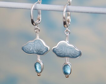 Enamel Earrings With Blue Topaz, Cloud Raindrop Earrings With Gold Beads, Rainy Day Earrings, Hot Enamel Sterling Silver, Grey Earrings