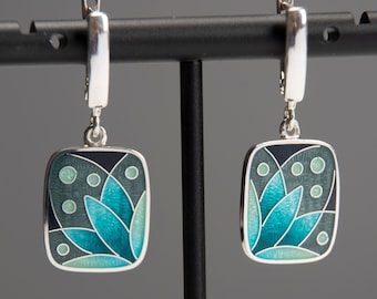 Cloisonne Enamel Turquoise Lily Earrings: Sterling Silver Handmade Jewelry