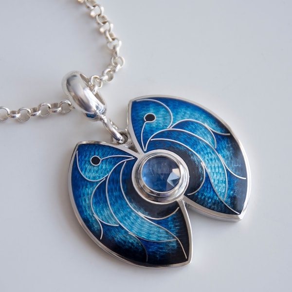Morpho Butterfly Pendant, Cloisonne Enamel Necklace With Kyanite, Sterling Silver Blue Necklace, Collar With Rose Cut Gem, Enamel Jewelry