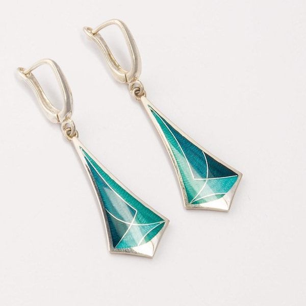 Turquoise dangle drop Enamel Long Earrings Sterling Silver Cloisonne Enameled  Earrings Geometrical Turquoise Ornament Enamel Jewelry