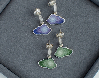 Cloud Raindrop Enamel Earrings, Rainy Day Earrings Made With Cloisonne Enamel And Sterling Silver, Purple, Grey Dangle Cloud Earrings