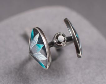 Anello con diamante nero, anello in argento ossidato con loto in smalto cloisonné