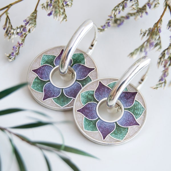Cloisonne Enamel and Sterling silver, Violet-Purple-Green and Rose, Round, Floral, Reversible, Double Sided hand made unique Earrings.