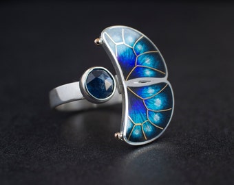 Butterfly Enamel Ring With 24K Gold And Kyanite Stone, 17,5 mm/7 1/4 US size ring, Cloisonne Enamel Sterling Silver Blue Wings Open Ring