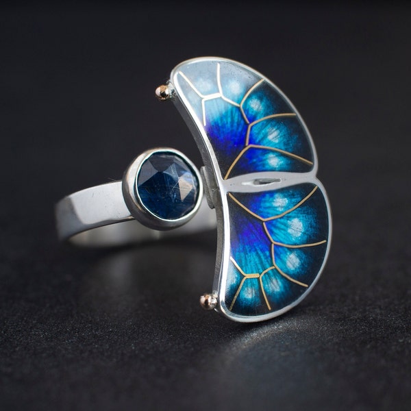 Butterfly Enamel Ring With 24K Gold And Kyanite Stone, 17,5 mm/7 1/4 US size ring, Cloisonne Enamel Sterling Silver Blue Wings Open Ring
