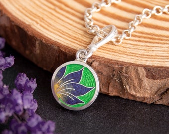 Iris Enamel Necklace Round Floral Cloisonne Enamel Pendant Sterling Silver Necklace Green Purple Dainty Necklace Small Everyday Necklace