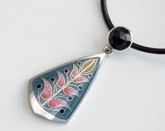 Cloisonne Enamel Pendant, Silver & Black Onyx  Necklace, Art Nouveau Teardrop Grey Pink Pendant, Champlevé Enamel Jewelry. Christmas Gift.