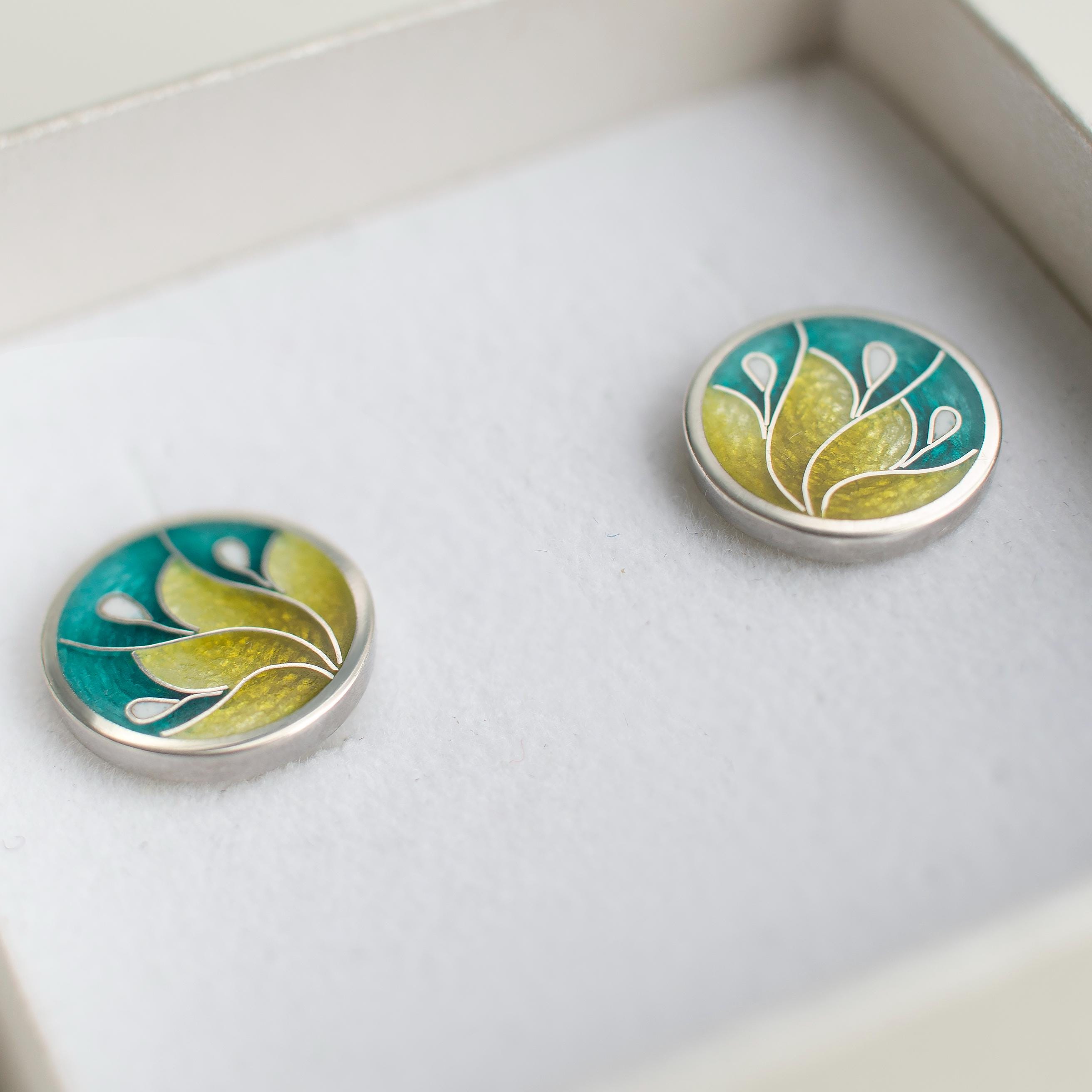Boucles D'oreilles Vintage Années 70 - Email Cloisonné Doré Et Argenté - Occasion - Style Rétro