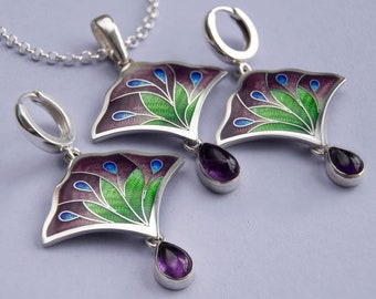 Flower Bouquet Cloisonné Enamel Jewellery Set. Sterling Silver Earrings And Necklace With Drop Form Amethyst, Purple Fan Shape Jewelry Set.
