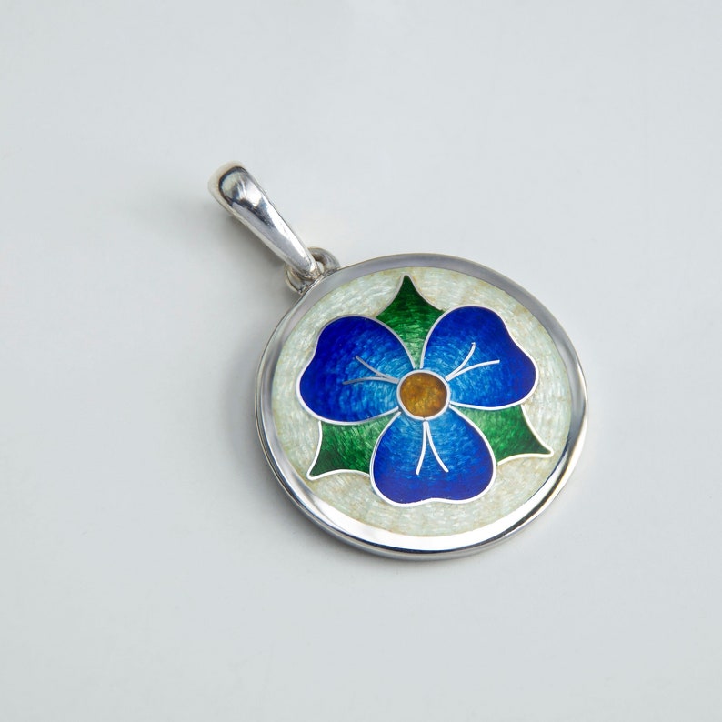 Enamel Earrings And Necklace Forget Me Not Flower, Cloisonne Enamel and Sterling Silver Jewelry with 20inch chain, Blue Earrings And Pendant Only pendant