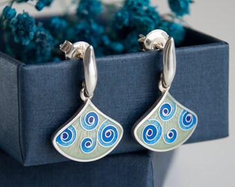 Spiral Enamel Earrings, Cloisonne Enamel Sterling Silver Earrings, Blue Grey Pattern Earrings, Dangling Drop Earrings, Casual Enamel Jewelry