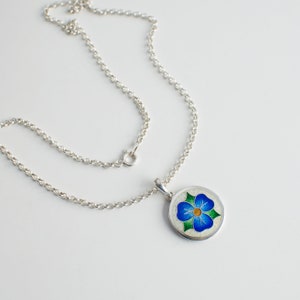Enamel Earrings And Necklace Forget Me Not Flower, Cloisonne Enamel and Sterling Silver Jewelry with 20inch chain, Blue Earrings And Pendant Necklace with chain