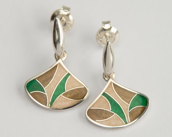 Bamboo Enamel Earrings Cloisonne Enamel Sterling Silver Earrings Green Brown Plants Push Back Dangling Drop Earrings Casual Enamel Jewelry