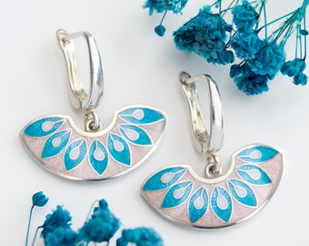 Plumage Semicircle Enamel Earrings, Cloisonne Enamel Sterling Silver Earrings, Blue Rose Glass Earrings, Enamel Jewelry, Drop Earrings