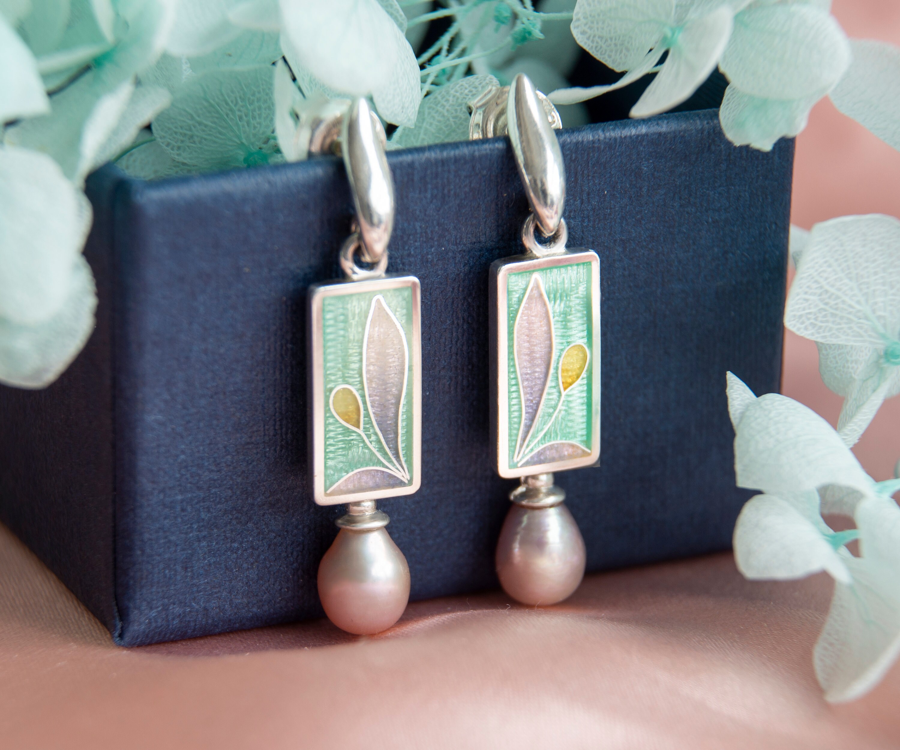 Cloisonne Enamel Earrings With Rose Pearls, Sterling Silver Cloisonne Enamel Earrings With Rose Pearls, Sterling Silver