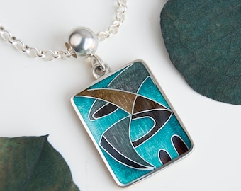 Abstract Art Green Enamel Necklace Cloisonne Enamel Sterling Silver 925 Pendant With Neck Chain Rectangle Multicolour Necklace