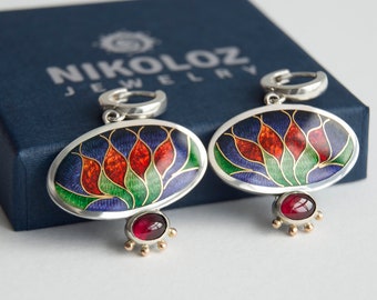 Red Tulips Enamel Earrings With Garnet Stones, Sterling Silver Earrings, Cloisonne Enamel Oval Earrings, Earrings Decorated With Gold Beads