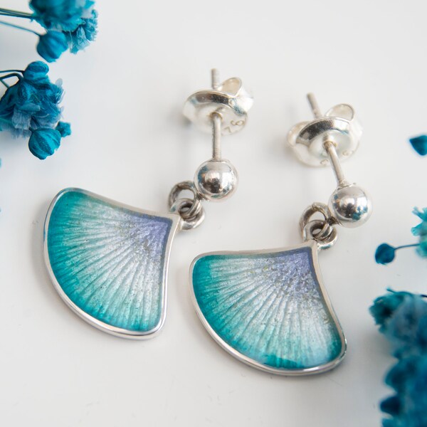 Blue Lagoon Enamel Earrings,  Seabed Earrings, Hot Enamel Sterling Silver Earrings, Push Back Dangling Drop Earrings, Casual Jewelry