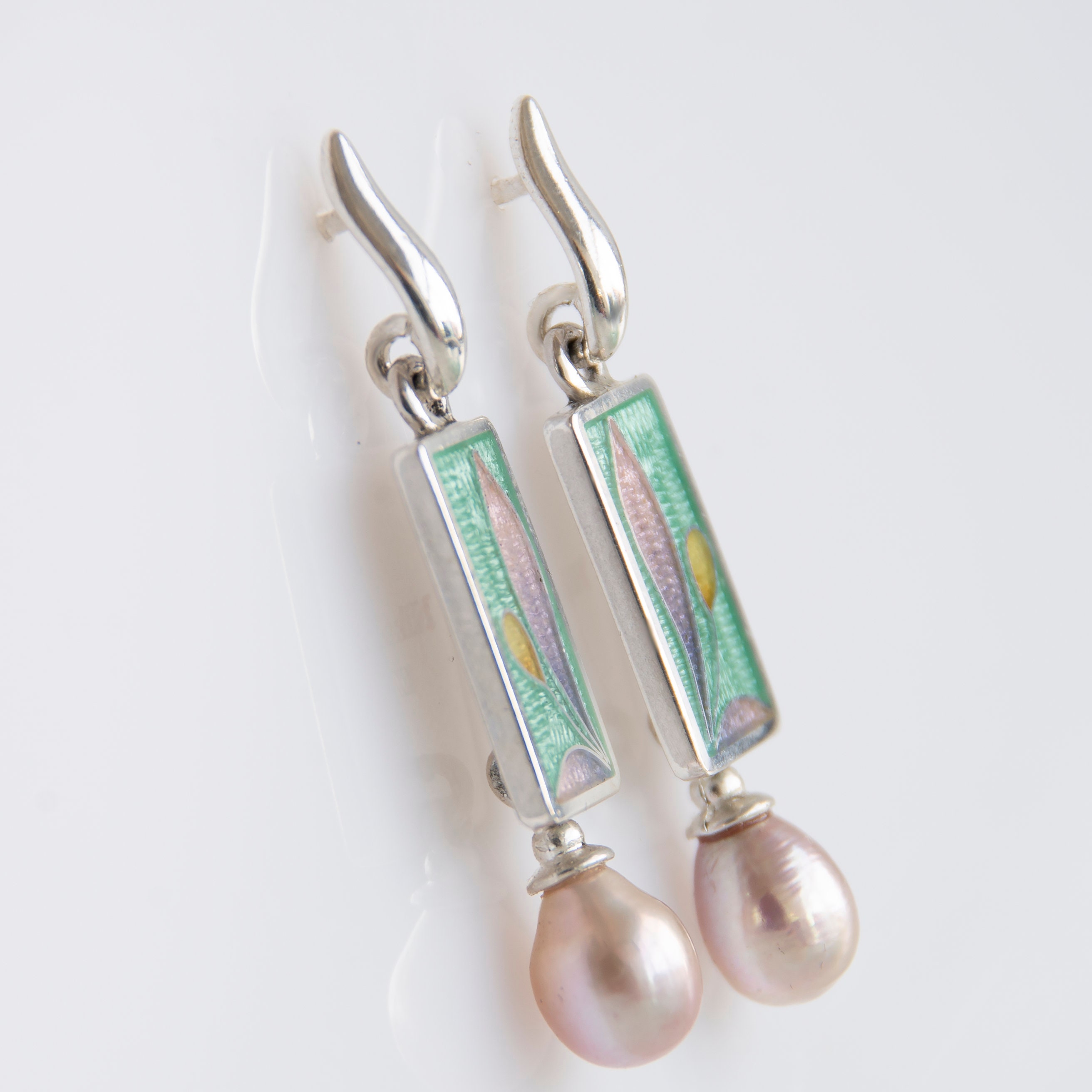 Cloisonne Enamel Earrings With Rose Pearls, Sterling Silver Cloisonne Enamel Earrings With Rose Pearls, Sterling Silver