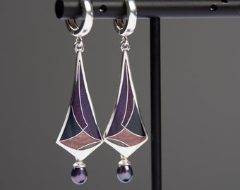 Deep Violet Peacock Earrings Cloisonne Enamel Sterling Silver Earrings With Freshwater Violet Pearls Teardrop Long Earrings Enamel Jewelry