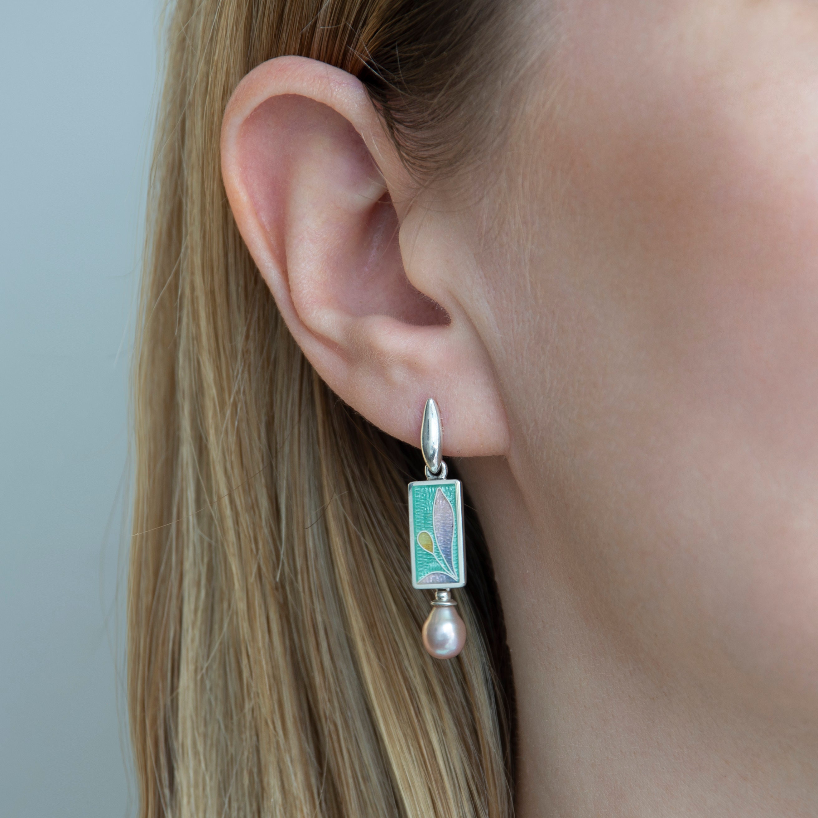 Cloisonne Enamel Earrings With Rose Pearls, Sterling Silver Cloisonne Enamel Earrings With Rose Pearls, Sterling Silver