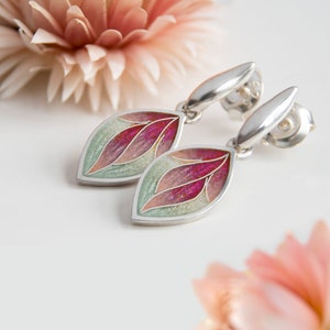 Pink Leaves Enamel Earrings, Cloisonne Enamel Sterling Silver Earrings, Rose Push Back Studs, Dangling Drop Studs, Casual Enamel Earrings.