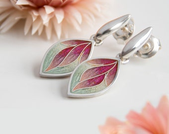 Pink Leaves Enamel Earrings, Cloisonne Enamel Sterling Silver Earrings, Rose Push Back Studs, Dangling Drop Studs, Casual Enamel Earrings.