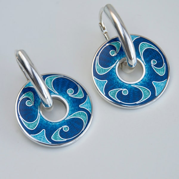 Reversible Enamel Earrings Sterling Silver Cloisonne Enamel Round Earrings Blue Enamel Double Sided Earrings Rotating Spinning Earrings
