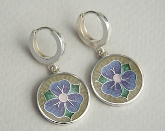 Viola Flower Enamel Earrings, Cloisonne Enamel Earrings, Sterling Silver Earrings, Purple Round Earrings, Floral Violet Dangling Earrings