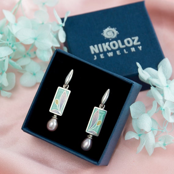 Cloisonne Enamel Earrings With Rose Pearls, Sterling Silver Cloisonne Enamel Earrings With Rose Pearls, Sterling Silver