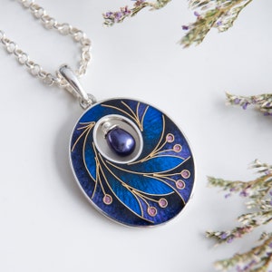 Dark Enamel Necklace, Pendant With Peacock Pearl, Pendant With Gold Pattern, Cloisonne Enamel And Sterling Silver Necklace, Oval Pendant