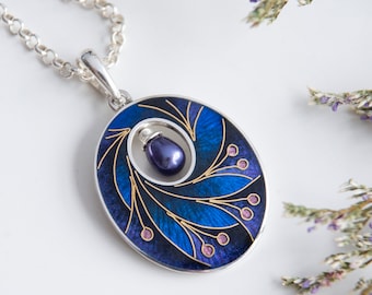 Dark Enamel Necklace, Pendant With Peacock Pearl, Pendant With Gold Pattern, Cloisonne Enamel And Sterling Silver Necklace, Oval Pendant