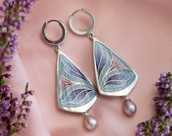 Lily Earrings With Rose Pearls Cloisonne Enamel Sterling Silver Teardrop Earrings Grey Enamel Birthstone Jewelry Handmade Earrings