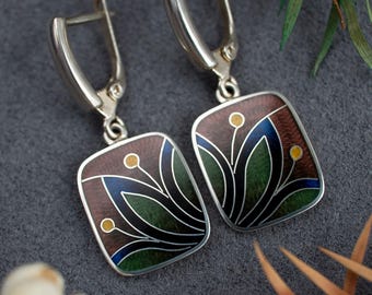 Cloisonne Enamel Earrings, Sterling Silver Floral Jewelry