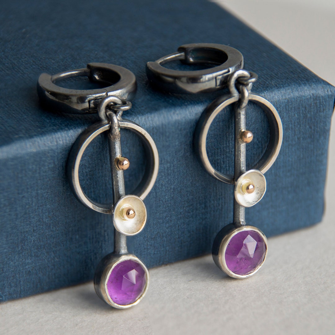 Amethyst Drop Earrings With Gold Beads, Long Open Circle Earrings