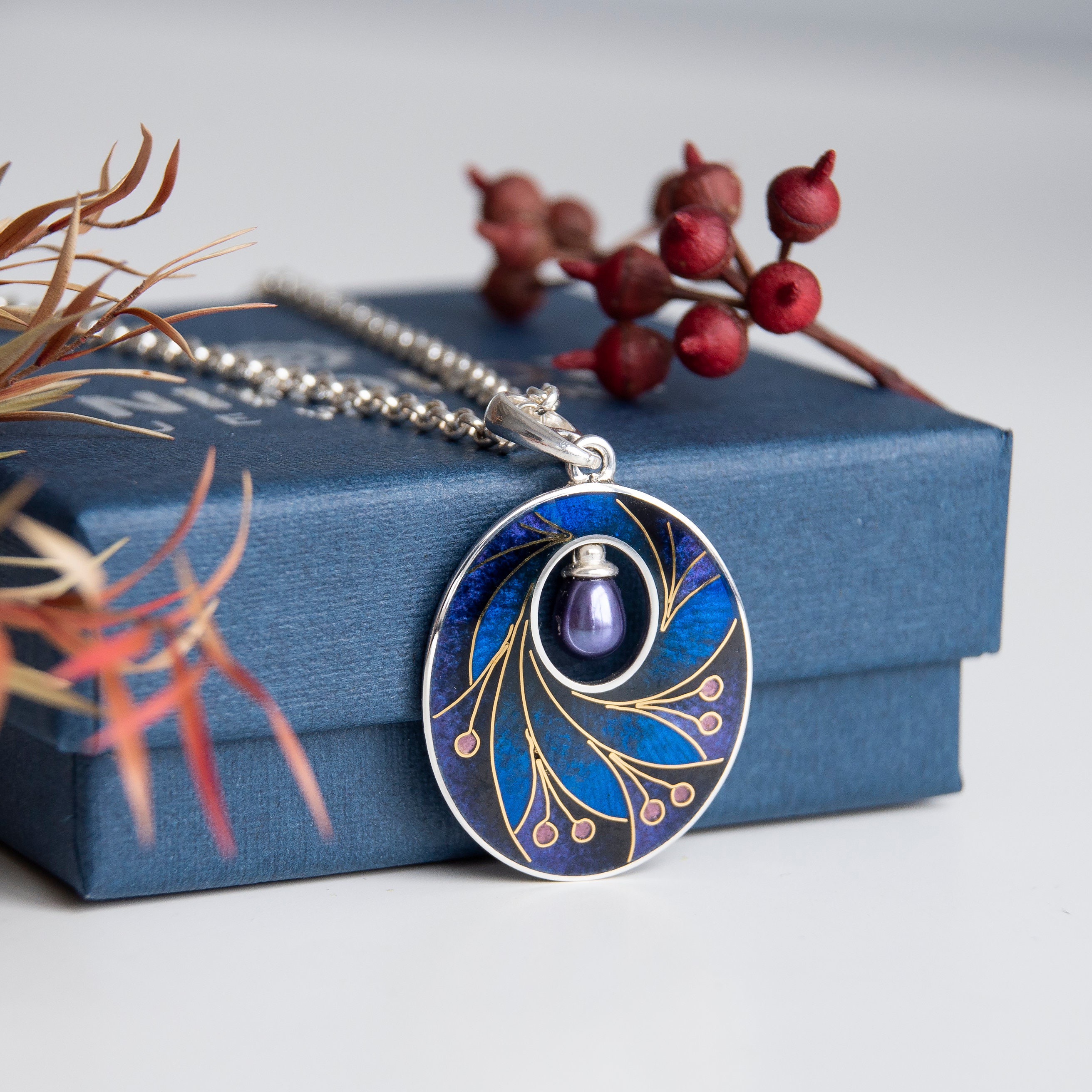 Dark Enamel Necklace, Pendant With Peacock Pearl, Pendant