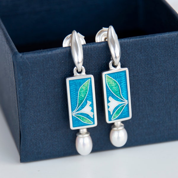 Green White Enamel Earrings With White Pearls Cloisonne Enamel Sterling Silver Stud Drop Earrings Rectangle Enamel Jewelry Everyday Earrings