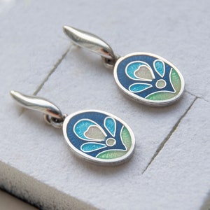 Oval Enamel Earrings Sterling Silver And Cloisonne Enamel Handmade Earrings Blue Green Enamel Floral Earrings Minimalist Drop Earrings