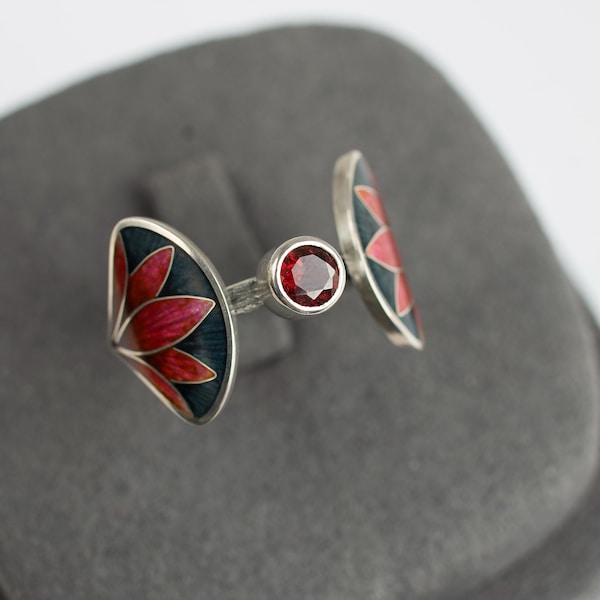 Garnet Sterling Silver Ring: Red Cloisonne Enamel Leaves