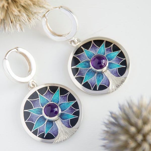 Tree Form Earrings With Amethyst Cloisonne Enamel Sterling Silver Earrings Purple Blue Earrings Engraved Earrings Round Earrings Handmade