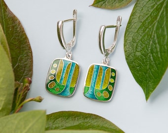 Green Enameled Silver Earrings Cloisonne Enamel Sterling Silver Dangling Earrings Floral Abstract Square Earrings Latch Back Khaki Earrings