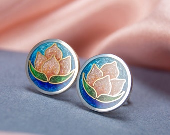 Waterlily Gold Wire Enamel Earrings Sterling Silver Cloisonne Enamel Earrings Decorated 24K Gold Wire Pattern Enamel Golden Luxury Studs