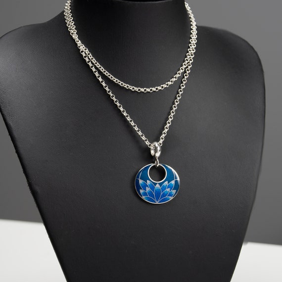 Blue Lotus Enamel Pendant With 50 Cm Neck Chain Cloisonne Etsy