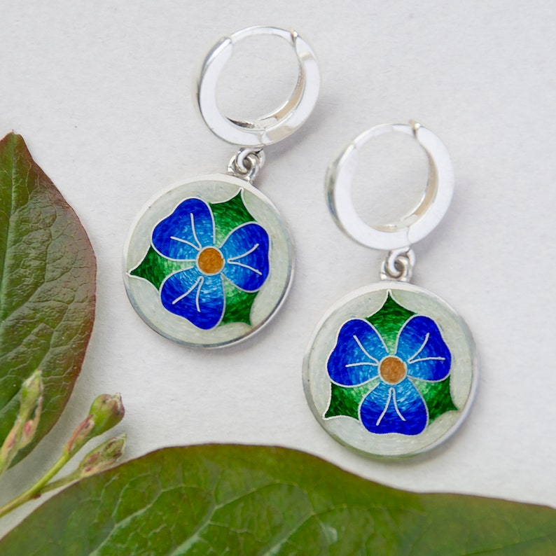 Enamel Earrings And Necklace Forget Me Not Flower, Cloisonne Enamel and Sterling Silver Jewelry with 20inch chain, Blue Earrings And Pendant Earrings